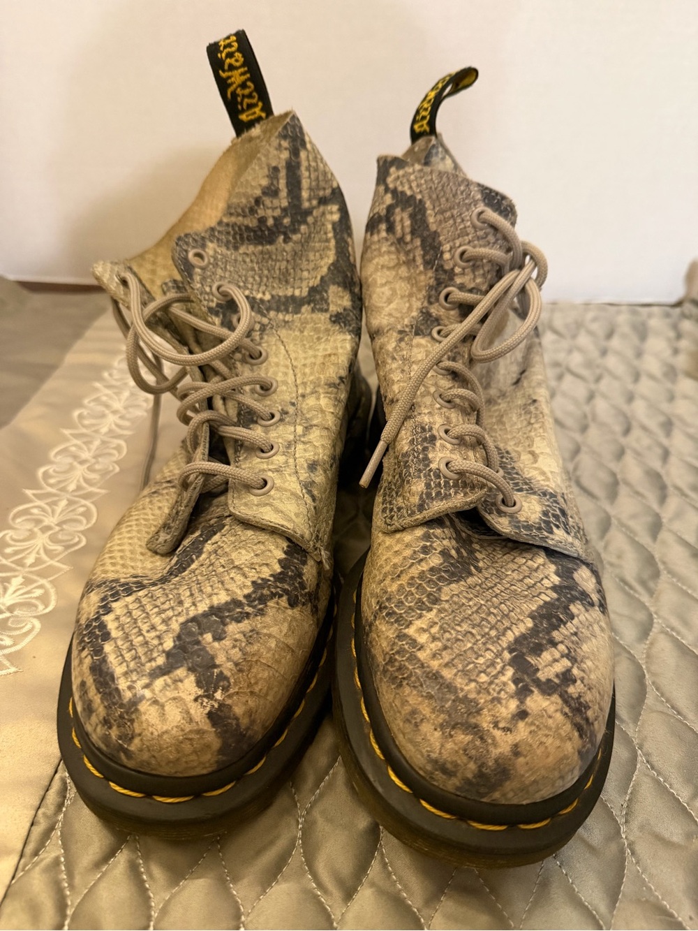 Dr. Martens Taupe & Gray Snake-Print Lace-Up Boots with Yellow Stitch Accent